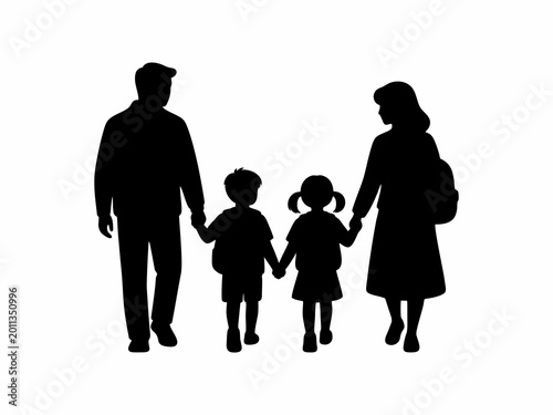 Fotografie Happy Family with Children Walking to School Silhouette Isolated on White Backgr