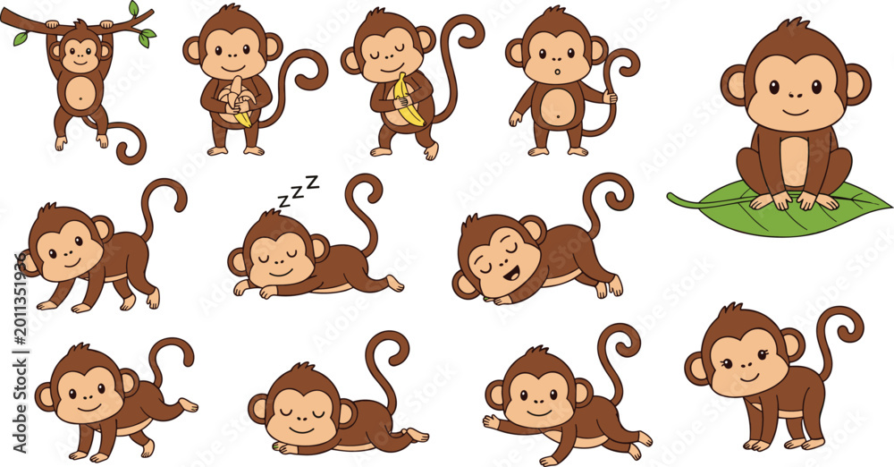 Fototapeta premium Cute Monkey Character Collection with Different Poses Activities and Expressions Cartoon Animal Set Isolated on White Background for Kids Vector Illustration