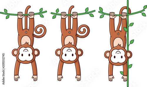 Photography Cute Monkey Character Set Hanging from Tree Branch in Different Poses Cartoon An