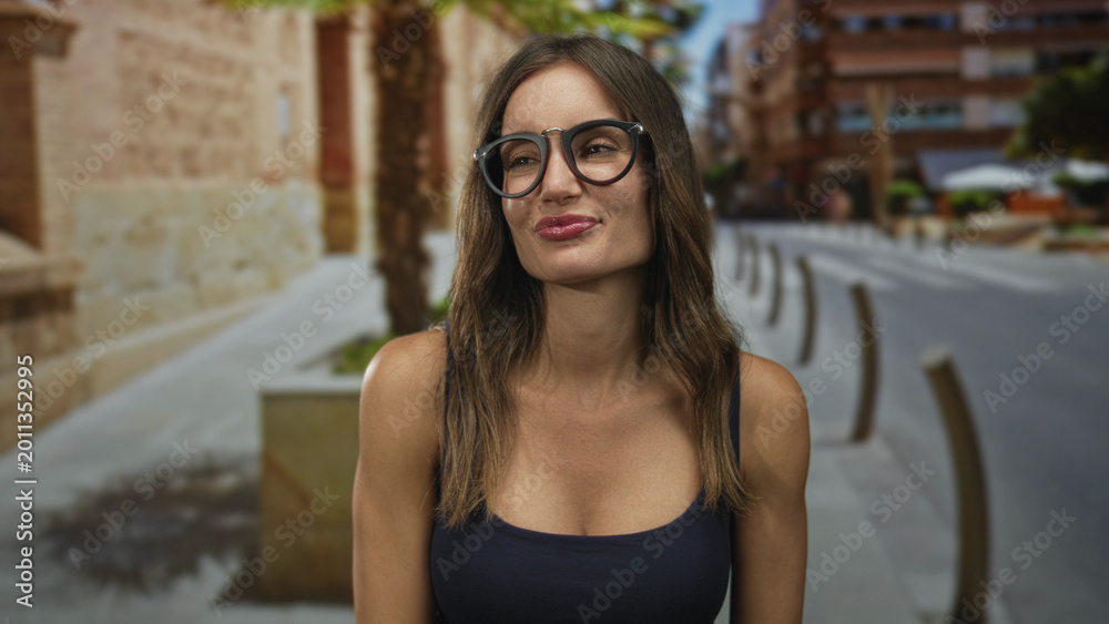 Obraz premium Woman wearing glasses and tank top points fingers upward on city street; celebration excitement spontaneity.