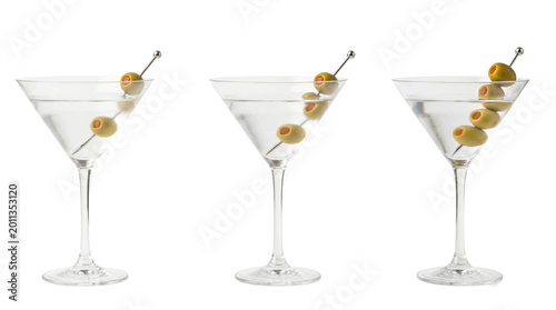 Garnish Arranged Classic Martini Cocktail Glasses with Green Olives Isolated on a Pure White Background