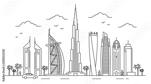Dubai City Skyline Line Art Illustration with Famous Skyscrapers Landmarks and Palm Trees Vector