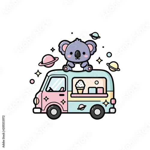 Canvas Print Koala sitting on colorful ice cream truck.