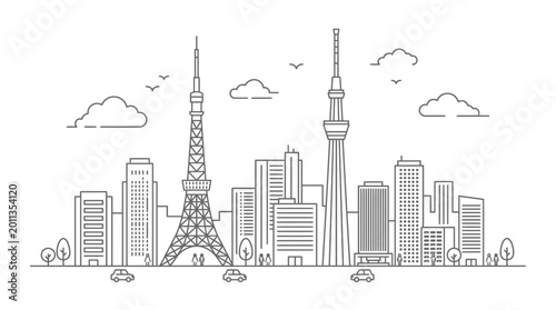 Photography Tokyo City Skyline Line Art Illustration Featuring Famous Urban Landmarks and Mo