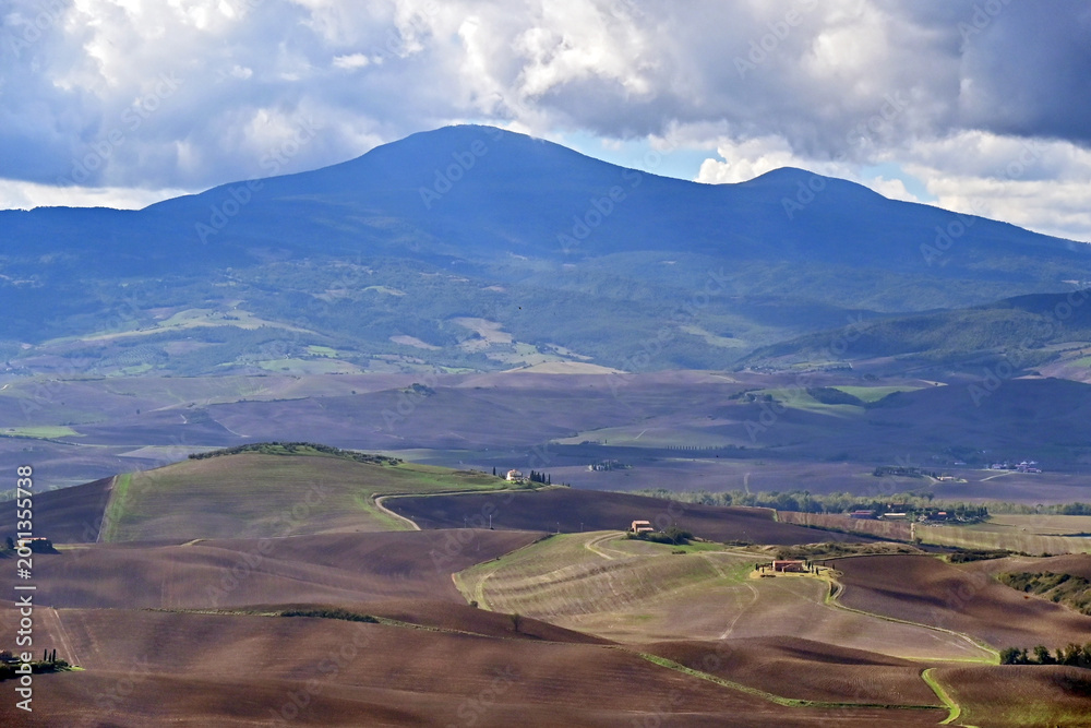 Obraz premium Pienza, le colline della Val d'Orcia dalla loggia di Palazzo Piccolomini, Val d'Orcia, Toscana