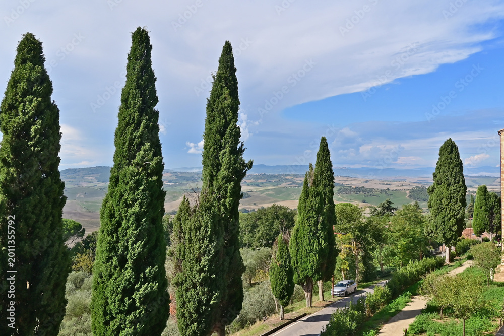 Obraz premium Pienza, le colline della Val d'Orcia dalla loggia di Palazzo Piccolomini, Val d'Orcia, Toscana
