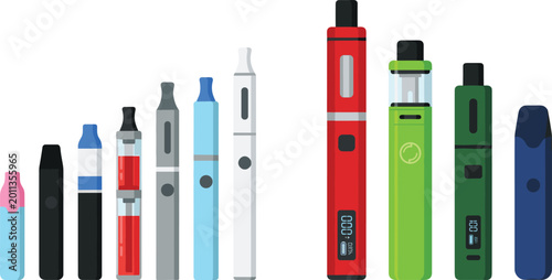 Bild auf Leinwand Electronic Cigarette Vape Device Collection Set with Modern E Cig Pens and Pod S