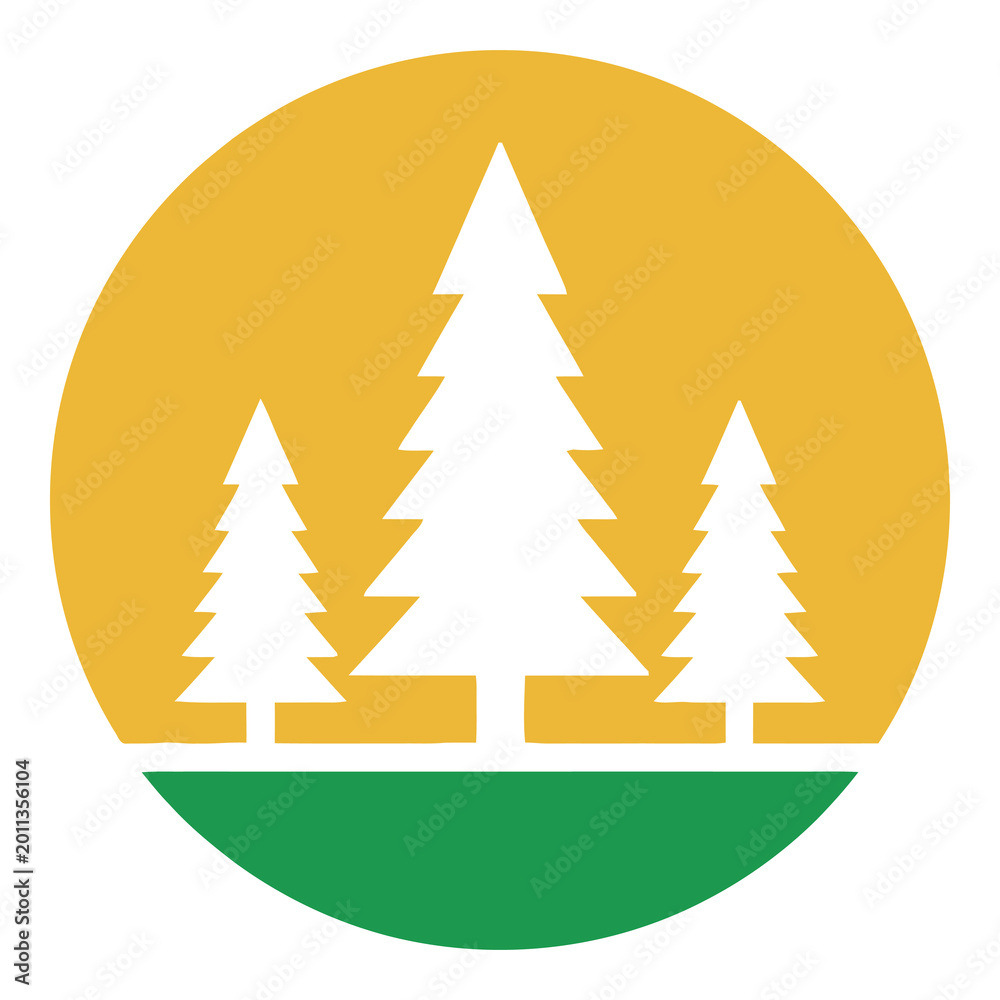 Obraz premium Simple illustration of three white pine trees on green ground yellow background icon