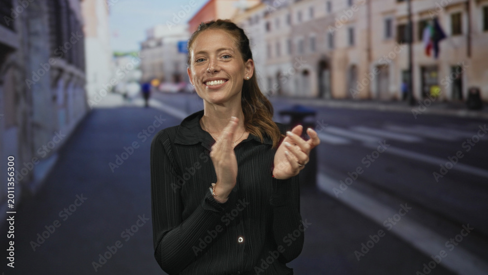 Obraz premium Woman clapping hands on a sunlit city street, smiling and leaning forward with hair in a ponytail and visible pearl earrings; joy celebration warmth.