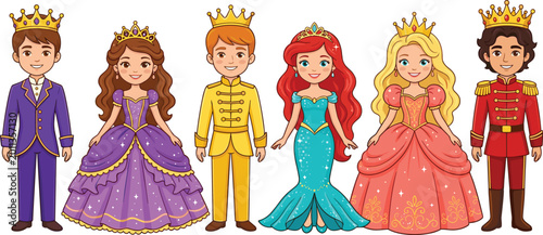 Foto Fairytale Royal Characters Vector Set with Princes and Princesses in Colorful Fa