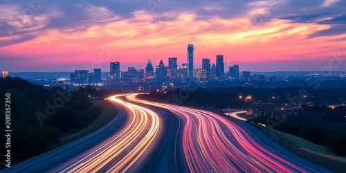 Sleek highway with city skyline in the background illuminated in the style of dynamic light trails and motion blur, Generative AI