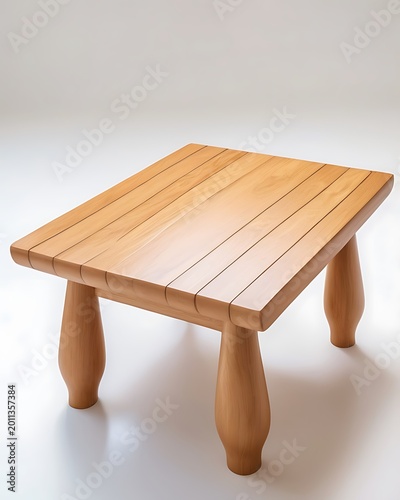 Wooden Coffee Table: A simple, light-colored wooden coffee table with four uniquely shaped legs sits ready to be adorned in a clean, bright studio setting.