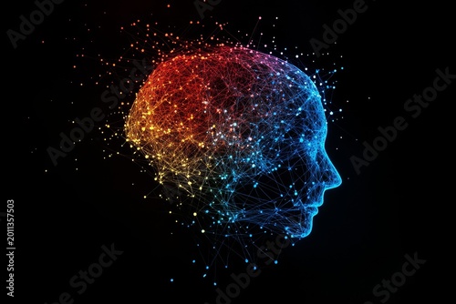 logo of the human brain made from colorful lines connecting dots on a black background, Generative AI