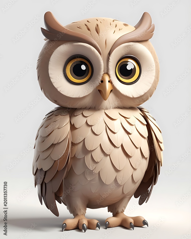 Obraz premium Cute Cartoon Owl: An adorable, stylized owl with big, captivating eyes and soft, feathery textures, standing alert and ready to impart wisdom. A whimsical representation of the nocturnal hunter.