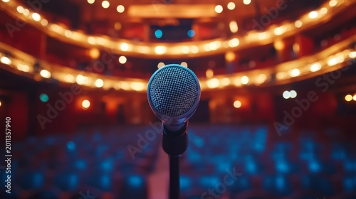A microphone stands on the stage of an auditorium filled with people, blurred background, Generative AI