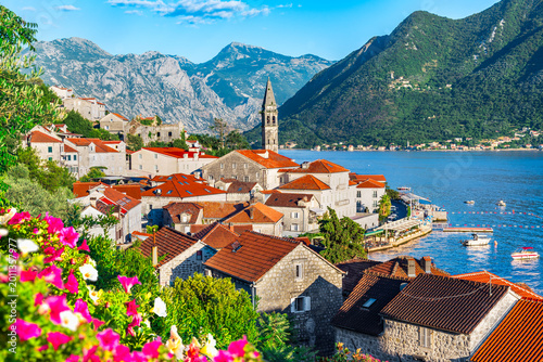 Perast, Montenegro. Hillside town on Bay of Kotor, Adriatic Sea.