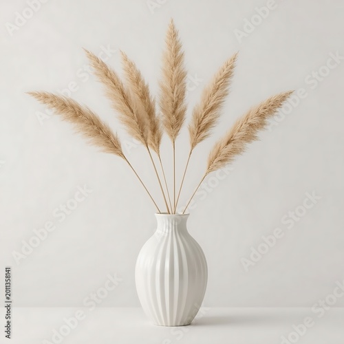 Pampas Grass in a Vase: Elegant pampas grass plumes, fanned out artistically in a fluted white vase, create a serene and minimalist aesthetic, evoking a sense of calm and natural beauty.