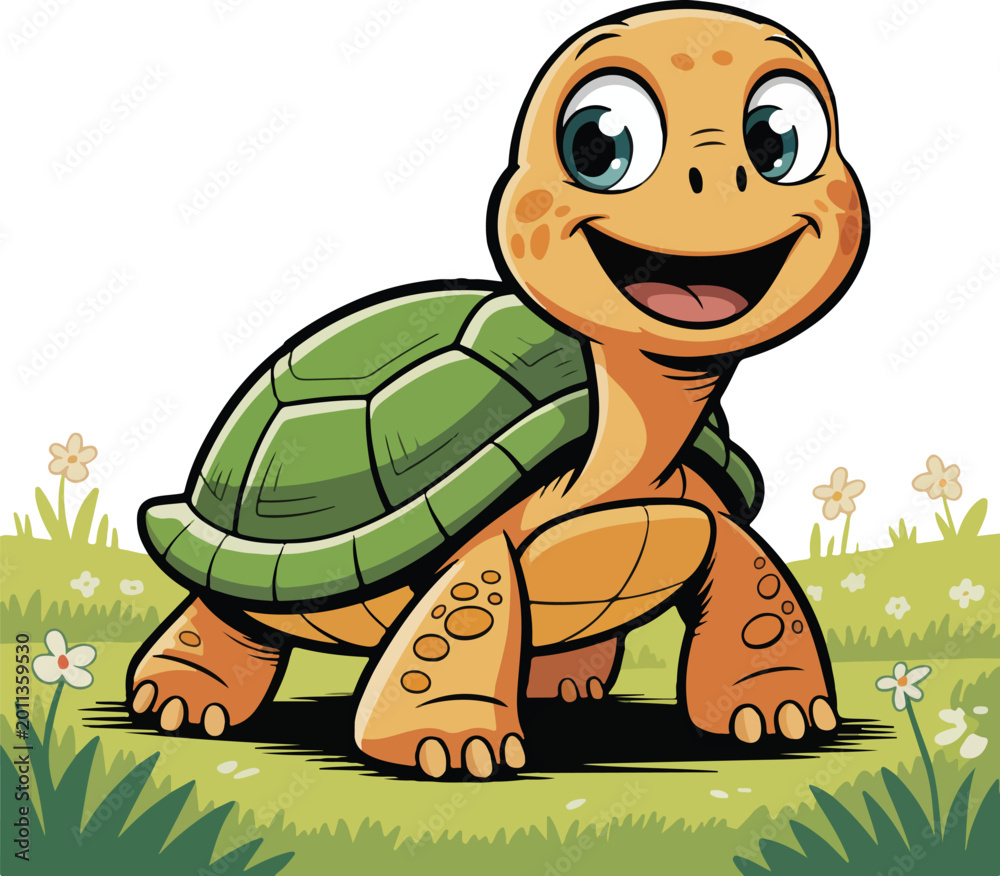 Obraz premium Cheerful cartoon turtle happily walking through green grass with small white flowers