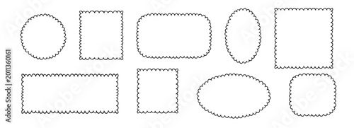 Scribble crayon doodle scalloped frames. Chalk grunge girly blobs for text. Fluffy, wiggle label, stamp set. Wavy whimsical edges curly doodle border.