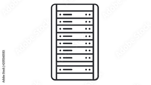 Minimalist data server rack vector icon illustration featuring a sleek line art design for cloud computing, web hosting, database storage, and modern technology network infrastructure.