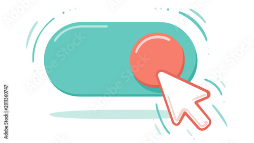 Flat minimalist vector illustration of a teal toggle switch with a red circular button being clicked by a white cursor arrow. Scalable design for interactive prototype, UI/UX, and AI technology.
