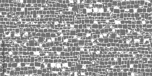 Abstract black and white stone wall texture vector. Hand-drawn cobblestone or brick pattern for rustic architectural backgrounds and vintage designs