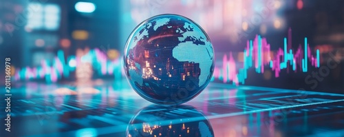 A glass globe with the world inside, placed on top of an abstract stock market graph in blue tones The background is white and features a line chart going up, Generative AI