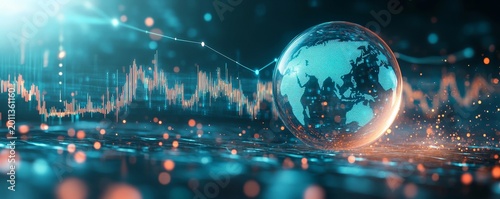 A glass globe with the world inside, placed on top of an abstract stock market graph in blue tones The background is white and features a line chart going up, Generative AI