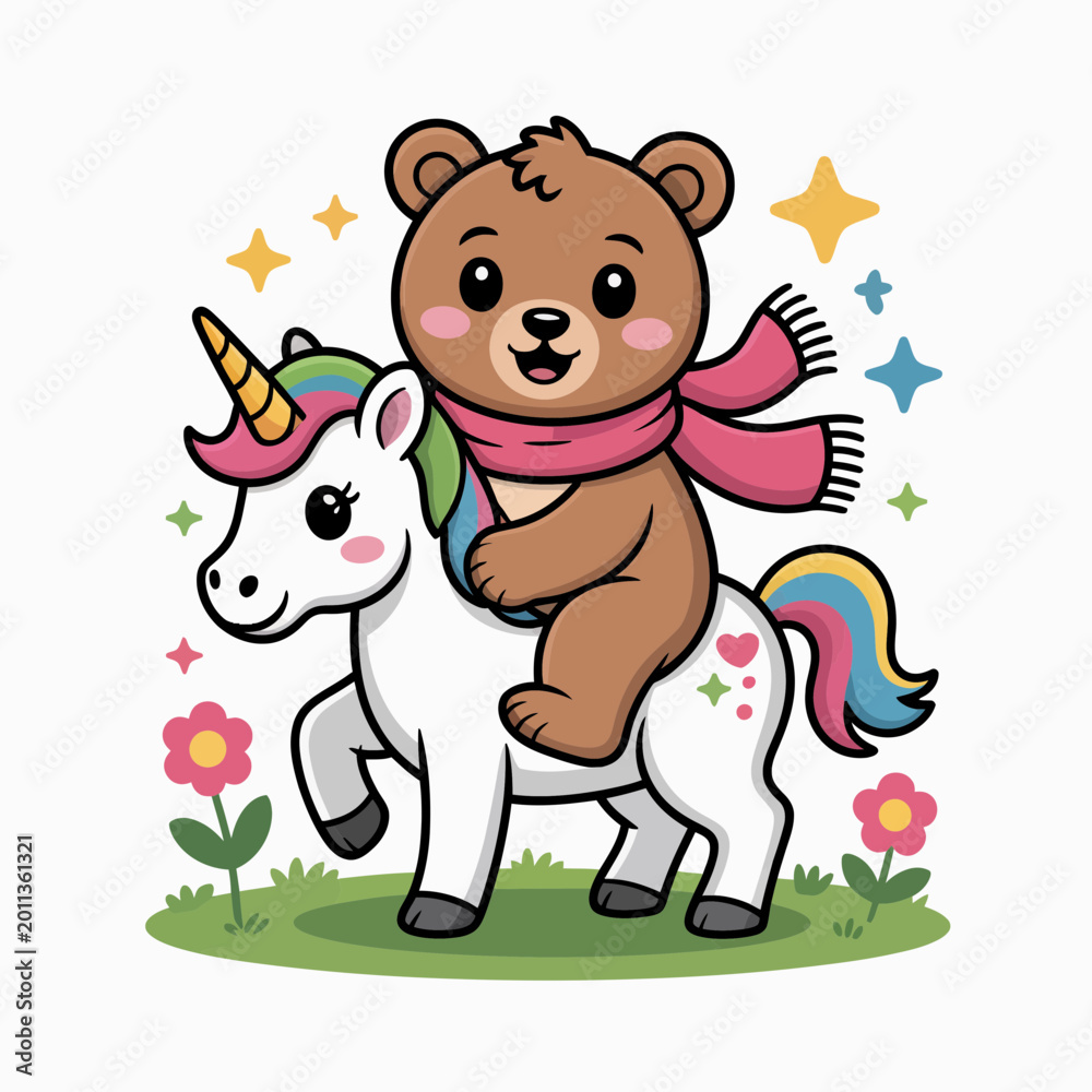 Fototapeta premium Brown bear riding unicorn with rainbow horn cartoon illustration white background