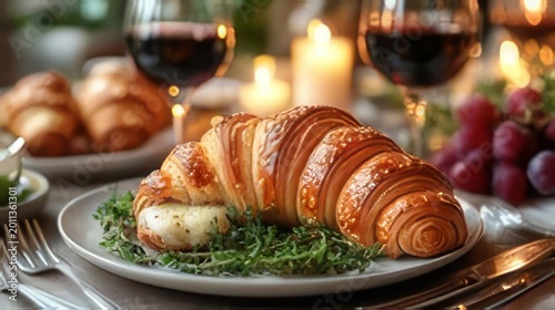 Golden flaky croissant filled with cheese and herbs, served with red wine and candles