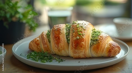 Golden Flaky Croissant Filled with Fresh Herbs and Seasoning Served on a Plate