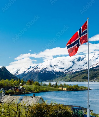 Norwegian flag waving on the wind