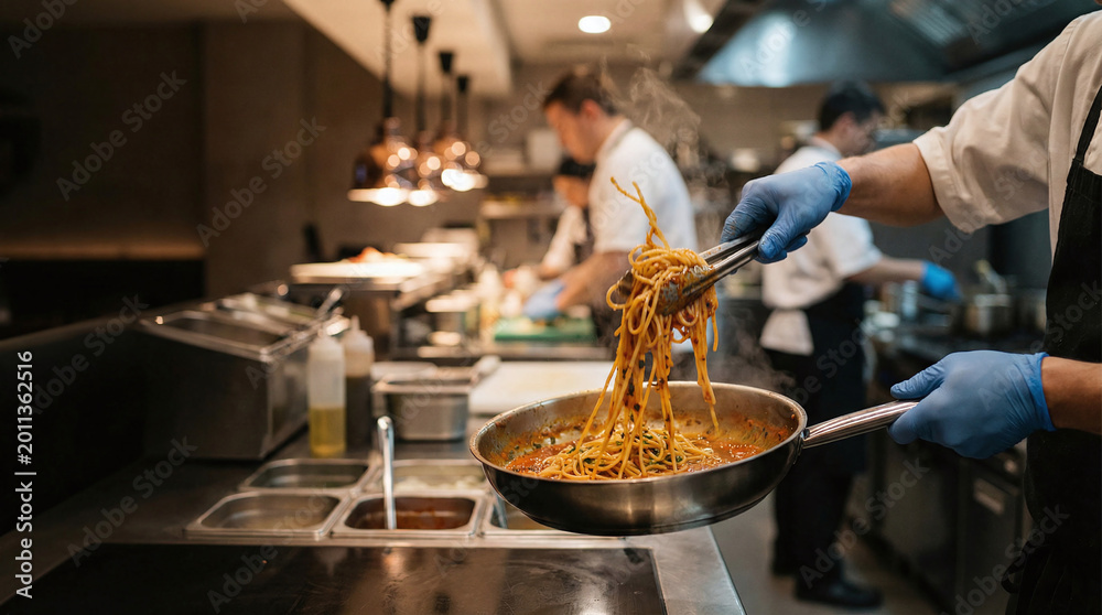 Obraz premium Hands tossing pasta in a pan in a restaurant kitchen with copy space, ideal for Italian cuisine, cooking action, and food marketing