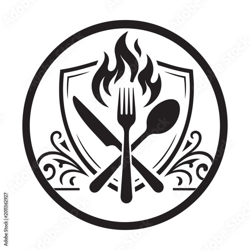 Culinary Shield Flame Logo Vector Design