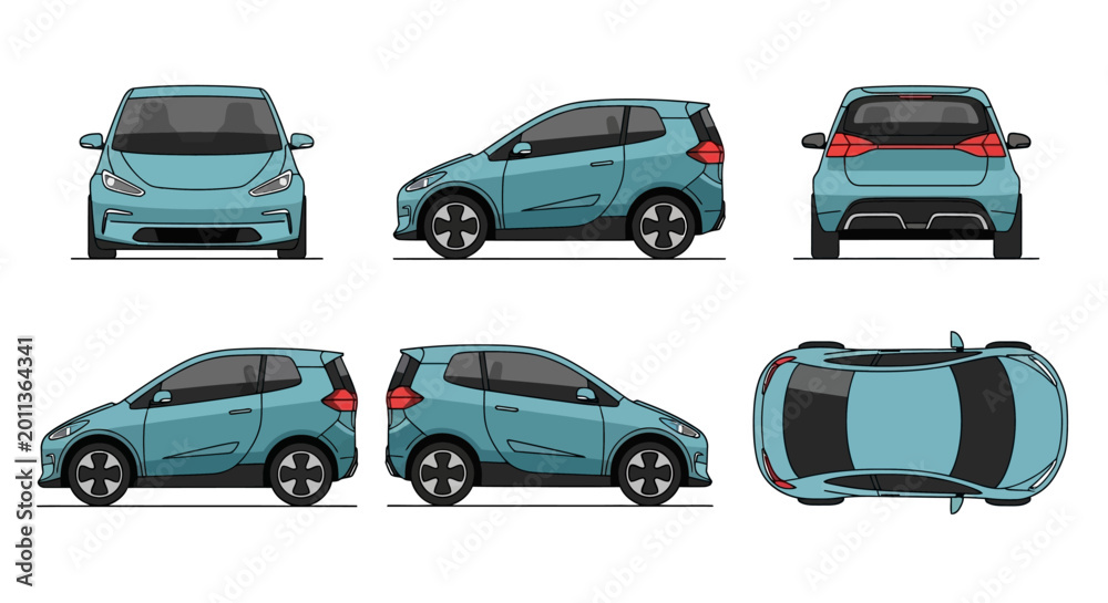 Fototapeta premium Blue Electric Car Views: Front, Side, Rear, Top