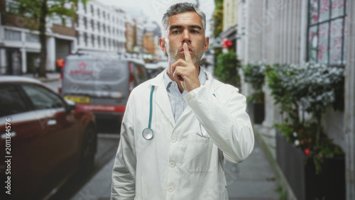 Slika na platnu Doctor man in labcoat with stethoscope presses finger to lips on street near parked cars and storefronts; quiet authority