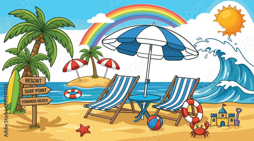 Foto Colorful beach resort scene with sun loungers, umbrella, rainbow and ocean waves