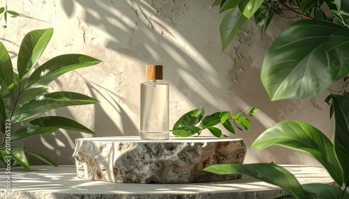 minimalist organic skincare display with marble pedestal and tropical leaves in soft natural light