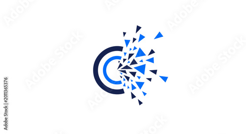 Abstract digital particle explosion forming a circle, representing innovation and data transformation