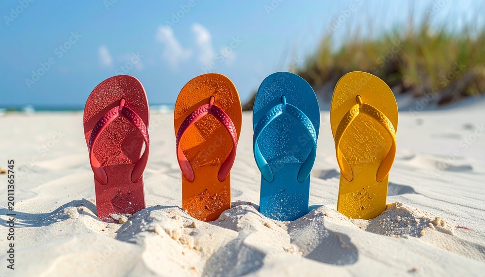 Fototapeta premium vibrant flip flops on pristine white sand tropical beach vacation summer essentials