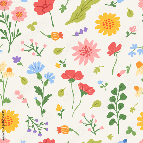 Hand drawn floral beautiful seamless pattern. Botanical doodle elements, wildflower and garden, leaves and herb, plants, foliage. Elegant abstract summer spring print. Vector illustration.