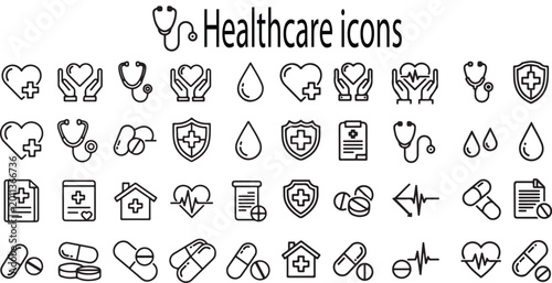 A set of black line icons related to healthcare and medicine, including hearts, stethoscopes, pills, and medical documents on a white background