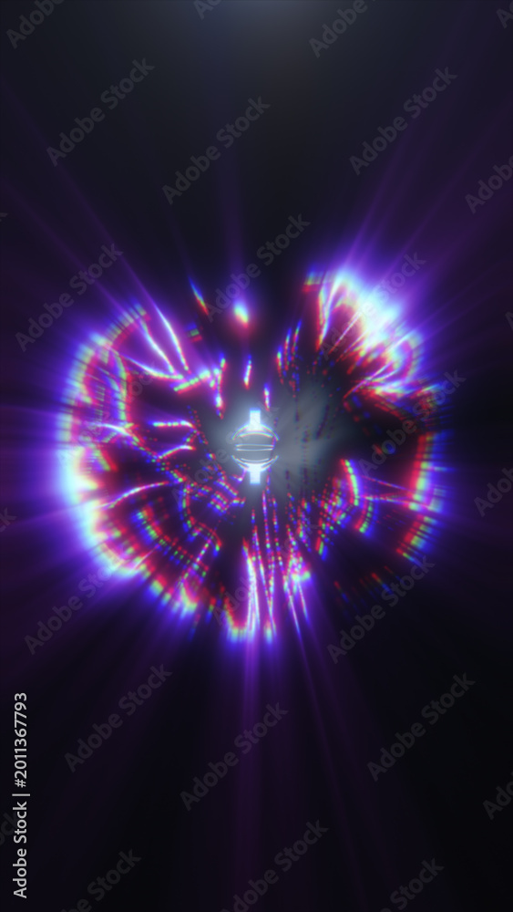 Fototapeta premium Glowing purple neon portal ring with chromatic light rays, futuristic sci-fi energy vortex