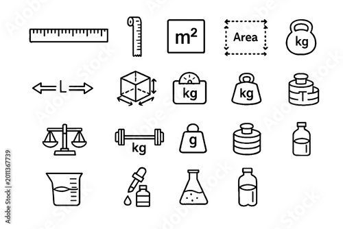 Measurement and Weight Line Icon Set. Scale, Kg, Area, Tools, Geometry Symbols Editable Stroke Vector Illustration