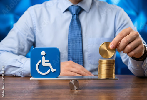Business professional in blue shirt and tie sits at desk with balance scale showing wheelchair disability symbol on one side and stack of gold coins on the other. Conceptual image symbolizes