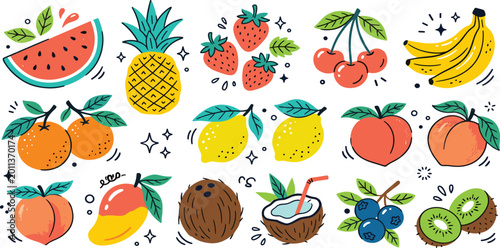 Hand drawn tropical and seasonal fruit collection with watermelon pineapple strawberry and mango vector illustration set