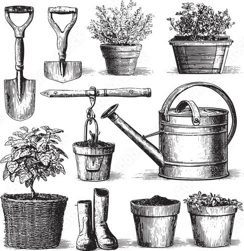 A simple illustration of a set of gardening tools including watering can pot bucket and other garden items arranged together in a clean style