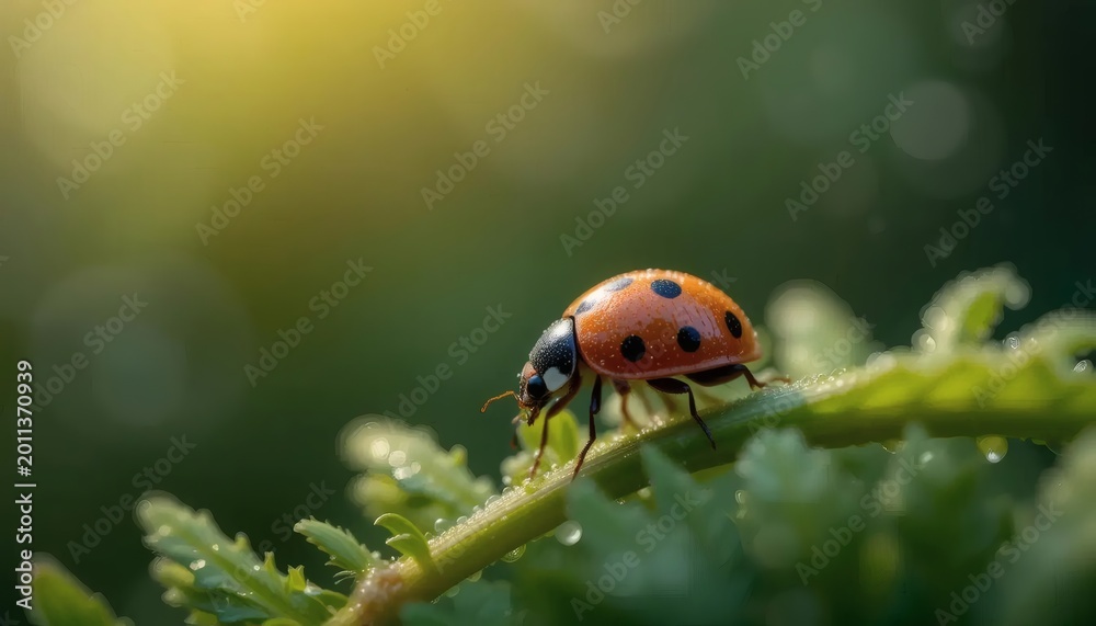Obraz premium Close-Up Ladybug on Dewy Green Leaf in Golden Sunlight