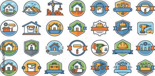 Home construction and renovation logo badge set with house maintenance tools and building service vector illustration collection