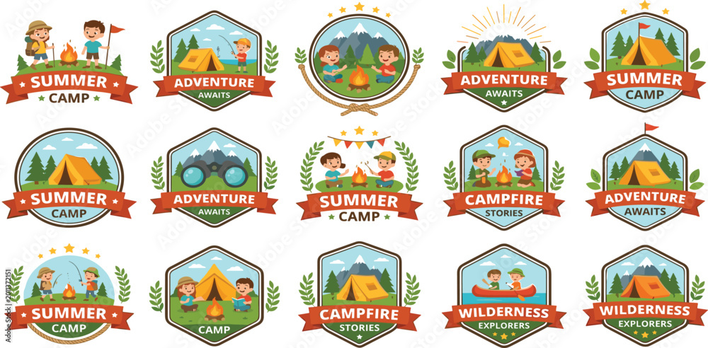 Fototapeta premium Summer camp adventure badge set with kids camping hiking campfire and wilderness exploration vector illustration collection